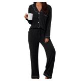LILLUSORY Womens Winter Pajama Sets Lounge 2 Piece Pj Matching Cute Soft Long Sleeve Sleepwear Black L