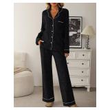 LILLUSORY Womens Winter Pajama Sets Lounge 2 Piece Pj Matching Cute Soft Long Sleeve Sleepwear Black L