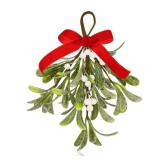Mistletoe Christmas Decor, Artificial Fake Hanging Mistletoe Picks with Velvet Bow Berries,Like Real Christmas Kissing Ball Ornaments for Kitchen Doorway Tree Decorations (White) (1)