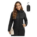 ROYAL MATRIX Packable Puffer Jacket for Women Hooded Lightweight Quilted Travel Long Puffer Coat with Pockets (Black, S)