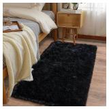 Ailyei Soft Runner Rugs for Bedroom Hallways, 2x4 Black Fluffy Shag Throw Area Rug Non Slip for Bedside Dorm, Long Shaggy Furry Carpet for Nursery Living Room