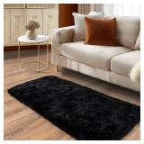 Ailyei Soft Runner Rugs for Bedroom Hallways, 2x4 Black Fluffy Shag Throw Area Rug Non Slip for Bedside Dorm, Long Shaggy Furry Carpet for Nursery Living Room