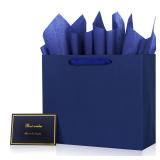 Elegant Blue Gift Bag 11.8x4.5x9.8 with Ribbon Handles, Includes Tissue Papers, Perfect for Birthdays, Weddings, Parties, Holidays, Baby Shower NO CARD