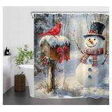 LB Christmas Snowman Shower Curtain- Cardinal Bird Red Bow Winter Snow Forest Bath Curtain- Washable Waterproof Fabric Bathroom Decor with  Hooks,72x72 inches