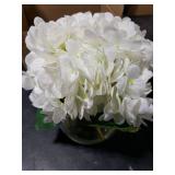 Hollyone Hydrangea Artificial Flowers with Vase White Silk Fake Flowers Arrangements in Glass Vase with Faux Water for Home Bathroom Office Table Centerpiece Shelf Decorations