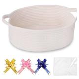 COMSE Small Woven Basket with Gift Bags and Ribbons, Gift Basket Empty, Cotton Rope Storage Organizer, Baby Toy Box with Handles, 12 x 8 x 5, White