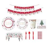 Christmas Paper Plate Set, including Plates, Cutlery, Tablecloth and Decorative Banner; Christmas Table Decoration Set for Festive Ambiance