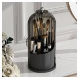 GAXmi Makeup Brush Holder with Lid Cosmetic Tools Organizer 360 Rotating Waterproof Dustproof Beauty Brushes Storage for Vanity, Black-Grey