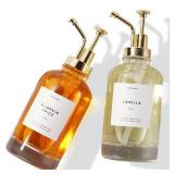 Molimoli Syrup Dispenser for Coffee Bars, Glass Syrup Bottle w. Pump, 16.9 oz 500 ml, Set of 2, Gold Upgraded Dispenser