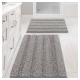 Non Slip Thick Shaggy Chenille Bathroom Rug Mat Set Extra Soft and Absorbent Striped Floor Rugs, 2 Piece, Machine-Washable
