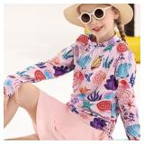 Kids Pink Two Pieces Swimwear for Girls Summer Hawaiian Beach Bathing Suits 3D Printed Leaves Long Sleeve Rash Guard Swimsuits 8 10 Girl