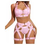 Avidlove Sexy Lingerie Set for Women Underwire Push Up Bra Lingerie Strappy Corset Lingerie with Garter and Chain(Pink,L)