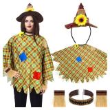 Ramede 5 Pcs Halloween Costume Set - Plaid Pattern Scarecrow Poncho, Straw Hat, Necklace, Wristband for Women