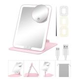 Gospire Travel Makeup Mirror with Lights and Magnification 10X, Portable Make Up Compact Tabletop Mirror with Adjustable Stand, 3 Colored Lights Rechargeable Lighted LED Vanity Mirror - Pink