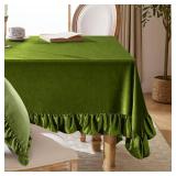 KKJIAF Olive Green Velvet Tablecloth 52 x 70 Inch, Retro Farmhouse Ruffle Oblong Tablecloth Washable Table Cover for Wedding Buffet Parties Baby Shower Kitchen Decoration