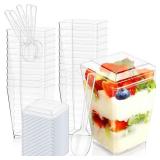 SEANSDA 5oz Plastic Dessert Cups with Lids and Spoons, Clear Yogurt Parfait Cups with Lids, Mini Dessert Cups with Spoons, Small Square Appetizer Cups for Fruit Party Pudding Shooter - 20 Pack
