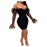 Uni Clau Women Sexy Mesh Sheer Puff Long Sleeve Mini Dress Bodycon Deep V Neck Patchwork Party Clubwear Dress (US, Alpha, X-Large, Regular, Regular, Black)