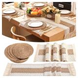 Gandeer Boho Placemats 4/6/8 Set of Round Woven Placemat Macrame Style Bicolor Stitching Long Table Runner Farmhouse Rustic Natural Burlap Cotton for Kitchen Dining Table(4 Sets,Brown,12x72) ONLY 2 MA