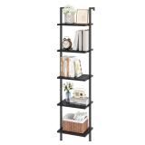 ELYKEN Ladder Shelf, 5-Tier Wood Wall Mounted Bookshelf with Metal Frame, Vintage Open Display Organizer Rack, Leaning Storage Shelves for Living Room, Bedroom, Home Office, Black