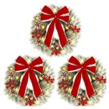 ATDAWN 3 Pcs Mini Christmas Wreath, 15 Inch Outdoor Lighted Christmas Wreath for Front Door, Xmas Wreath for Holiday Christmas Party Decorations