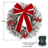 ATDAWN 3 Pcs Mini Christmas Wreath, 15 Inch Outdoor Lighted Christmas Wreath for Front Door, Xmas Wreath for Holiday Christmas Party Decorations