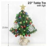 23.6 Inch Mini Christmas Tree, Small Christmas Tree with Star Topper, and Hanging Ornaments, Artificial Xmas Tabletop Tree with Burlap Base for Holiday DIY Home Christmas Decoration Gift (Green)
