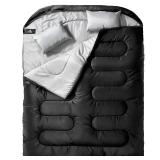 MEREZA Double Sleeping Bag for Adults Mens with Pillow, XL Queen Size Two Person Sleeping Bag for All Season Camping Hiking Backpacking for Cold Weather & Warm Black