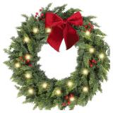 HipTree 30 Inch Christmas Wreaths for Front Door with Lights,Lighted Cedar Door Wreath,Prelit Real Touch Artificial Green Winter Wreath with Large Burgundy Velvet Bow for Indoor Outdoor Decor