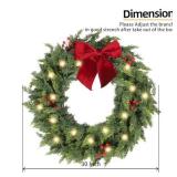 HipTree 30 Inch Christmas Wreaths for Front Door with Lights,Lighted Cedar Door Wreath,Prelit Real Touch Artificial Green Winter Wreath with Large Burgundy Velvet Bow for Indoor Outdoor Decor