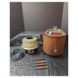 Vintage 1970s Mardi Gras Electric Fondue Set with Forks and Crock-Pot