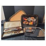 Crown Crest Sheffield Stainless Steel Knife Set with Display Case, Sheffield, England.  Vintage Tray, Bamboo Tray and NIB Chrome Tray with Wood Handles