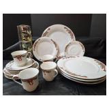 Christmas Holiday Dinnerware Set with Poinsettia Design, 4 Pc Place Setting, Tienshan Fine China, Made In China. NIB Napkins Rings