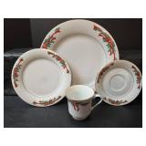 Christmas Holiday Dinnerware Set with Poinsettia Design, 4 Pc Place Setting, Tienshan Fine China, Made In China. NIB Napkins Rings