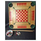 Vintage Double-Sided Wooden Game Board - Checkers and Carrom Set includes Wooden Cue Sticks and Game Tokens