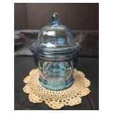 Vintage Blue Glass Apothecary Jar with Lid and Doiley