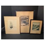 VTG 1930s Pen and Ink Collection of Maritime and Rural Prints