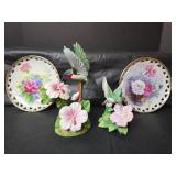 Porcelain Hummingbird Figurines and Decorative Floral Plates