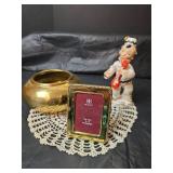 Ucagco Japanese Figurine with Burnes Photo Frame with Brass Flower Bowl and Doiley