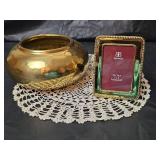 Ucagco Japanese Figurine with Burnes Photo Frame with Brass Flower Bowl and Doiley