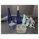 Anchor Hocking 1930s Refrigerator Dish with Lid,  Blue Glass Candy Dish with Clear Lid, Cobalt Blue Wine Bottles and More