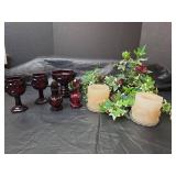 Avon Glass Set - Ruby Goblets, Salt and Pepper Shakers, Candy Dish and Cream Candles with Crystal Holders