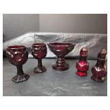Avon Glass Set - Ruby Goblets, Salt and Pepper Shakers, Candy Dish and Cream Candles with Crystal Holders