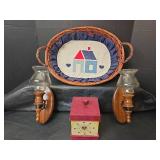 Wooden Wall Sconces with Glass Hurricanes, Tin Box with Lid and Wicker Basket with Liner