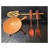 3 Legged Stool, Metal Fork and Spoon, 21 inches and Wicker Rug Beater