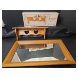Sweetheart Wood Wall Shelf with Heart Cutouts 17.5 wide x 7 tall x 4 deep,  Mirror  with Wood Frame 23 wide x 13.5 tall