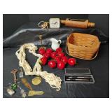 Mixed Lot - Longaberger Handwoven Basket Stamped and Dated, Electric Timex Clock, Papermate Pen Set, Key Chains and More