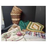 Assorted Throw Rugs, Runner, Crochet Pillow Case, Wastebaskets and Green Tablecloth
