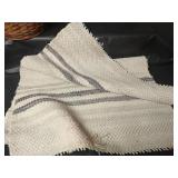 Assorted Throw Rugs, Runner, Crochet Pillow Case, Wastebaskets and Green Tablecloth