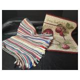 Assorted Throw Rugs, Runner, Crochet Pillow Case, Wastebaskets and Green Tablecloth