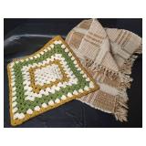 Assorted Throw Rugs, Runner, Crochet Pillow Case, Wastebaskets and Green Tablecloth